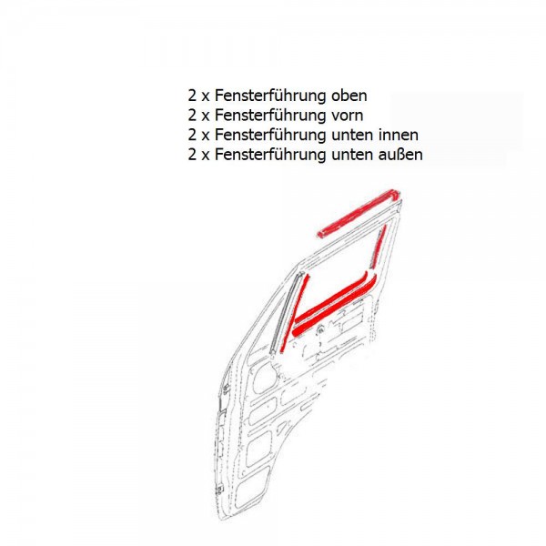 Door shaft seal and window guide gasket set 8 part with a decorative strip